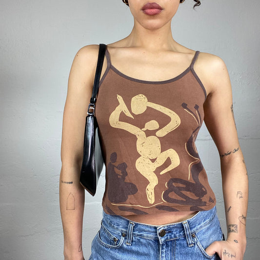 Vintage 2000's Downtown Girl Orange and Brown Top with Dancing Silhouettes Print Detail (S)