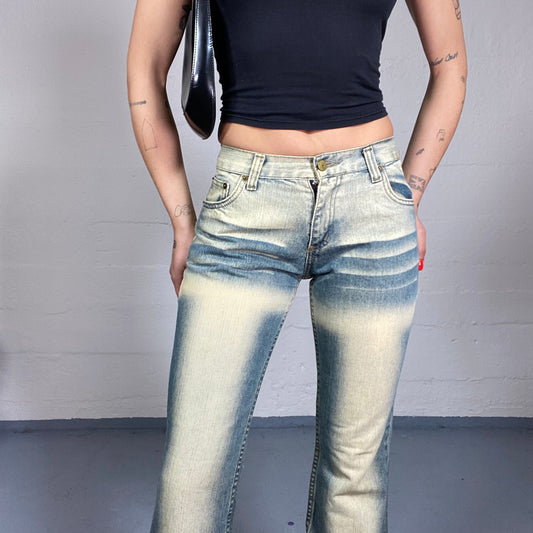 Vintage 2000's Downtown Girl White Low Waist Pants with Denim Cut Out Ombré Detail (S)
