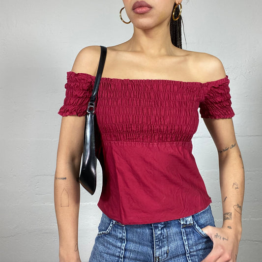 Vintage 90's Downtown Girl Red Off Shouldere Top with Ruched Chest Band Detail (M)