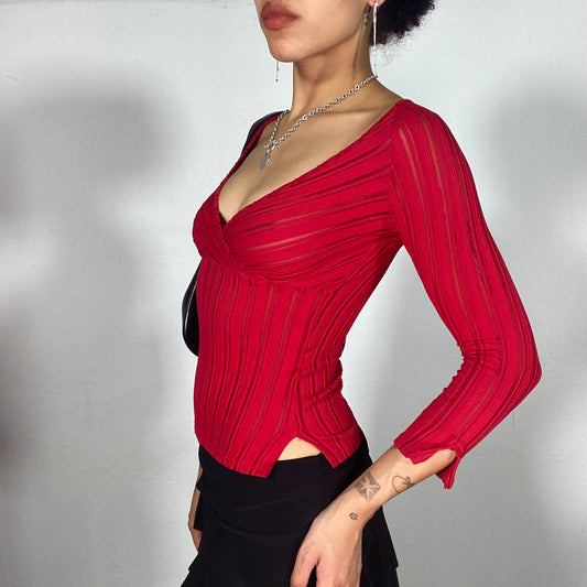 Vintage 90's Downtown Girl Red Striped Midi Sleeve V-Neck Top (S)