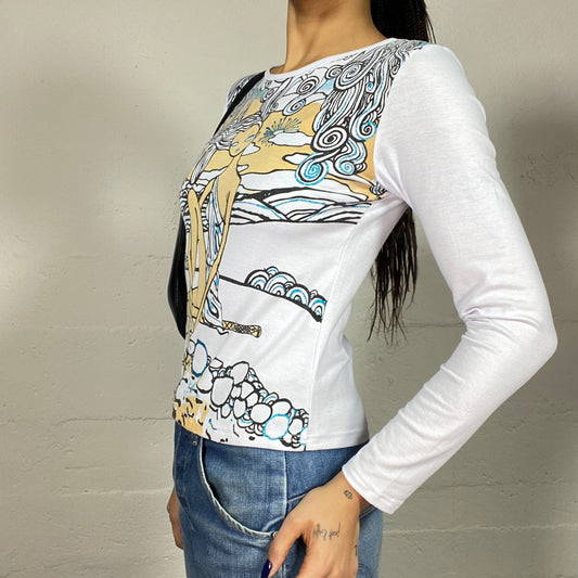 Vintage 2000's Groovy White Longsleeve Top with Blue Girl Print (M)