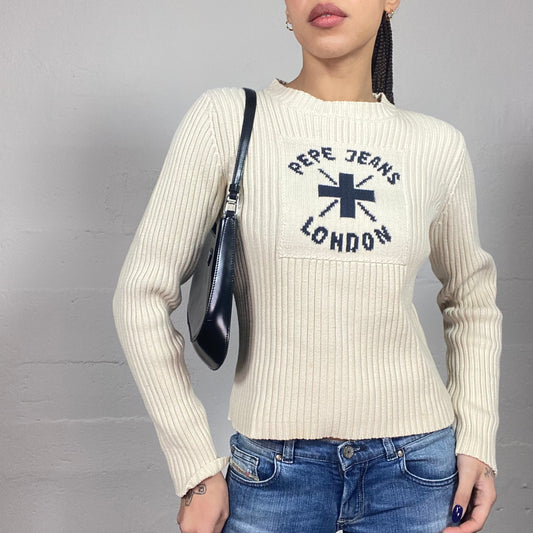 Vintage 2000's Pepe Jeans Old Money Aesthetic White Knit Pullover with Navy Brand Printed Detail (S)