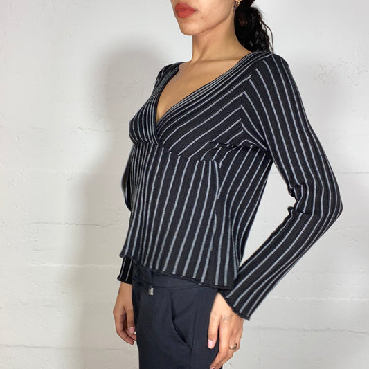 Vintage 2000's Office Black V-Neck Blouse with Pinestripe Print (M)