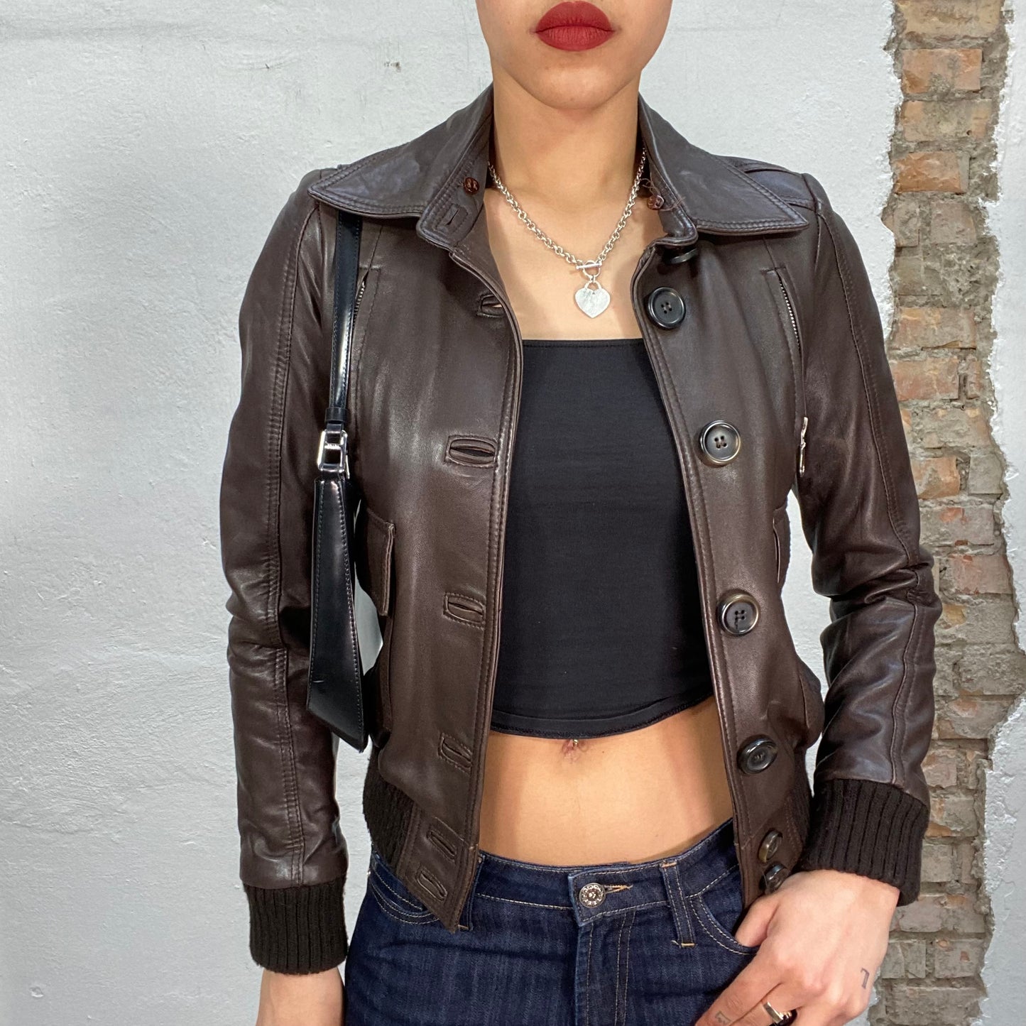 Vintage 90's Model Off Duty Brown Leather Jacket with Knit Trim (S)