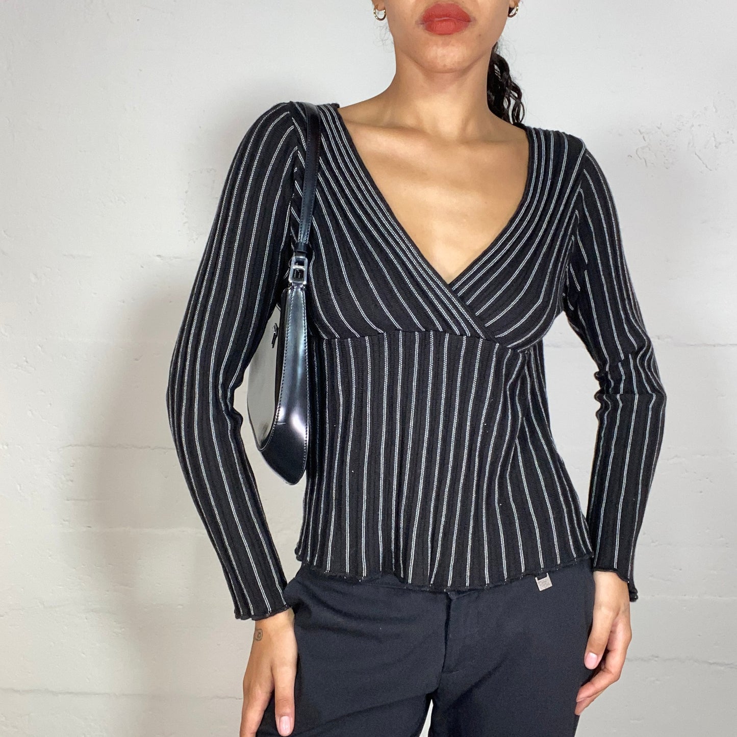 Vintage 2000's Office Black V-Neck Blouse with Pinestripe Print (M)