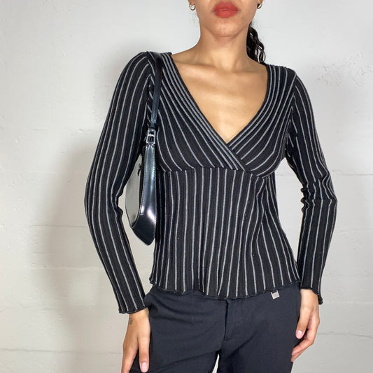 Vintage 2000's Office Black V-Neck Blouse with Pinestripe Print (M)