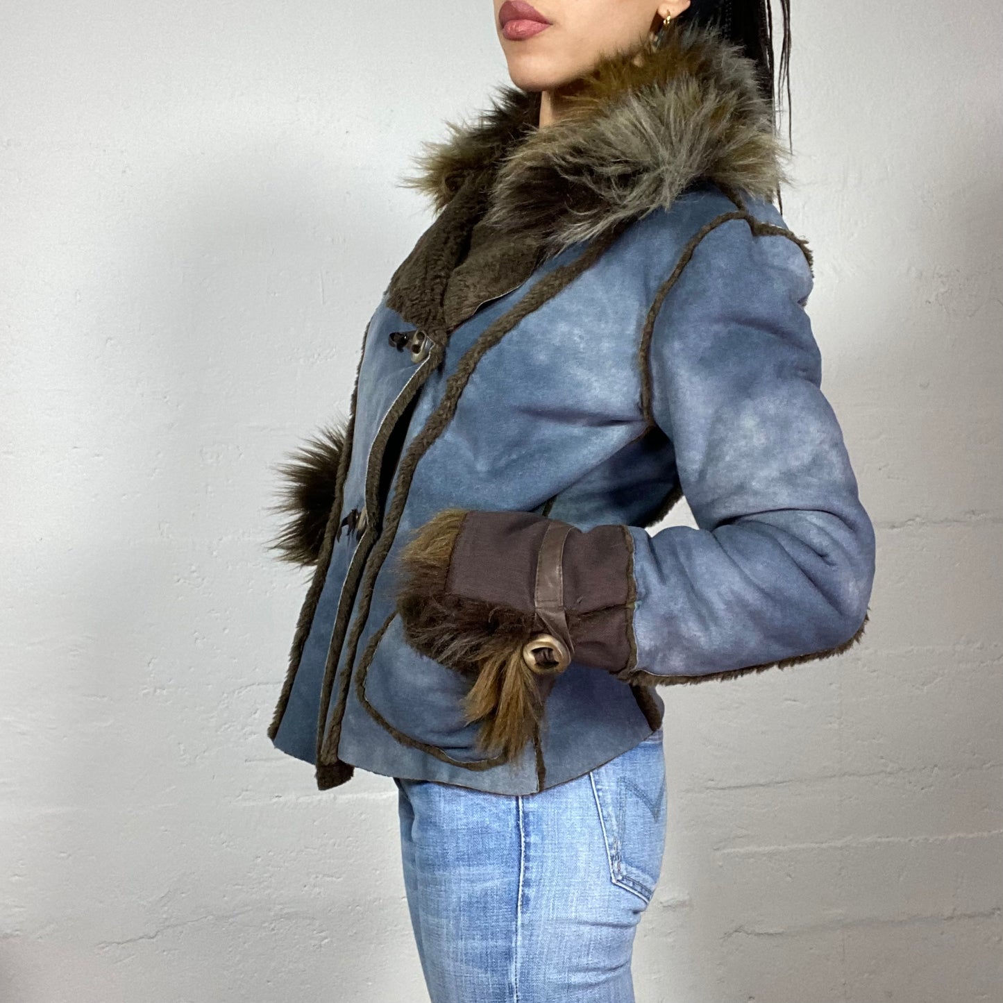 Vintage 2000's Downtown Girl Blue Short Coat with Brown Faux Fur Trims (S)