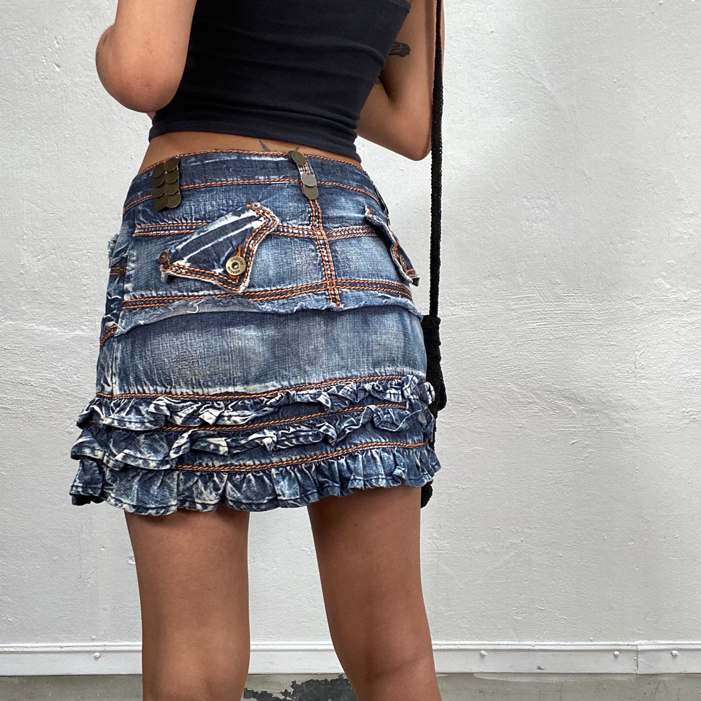 Vintage 2000's Grunge Acid Wash Jeans mini Skirt with Orange Stitching (S)