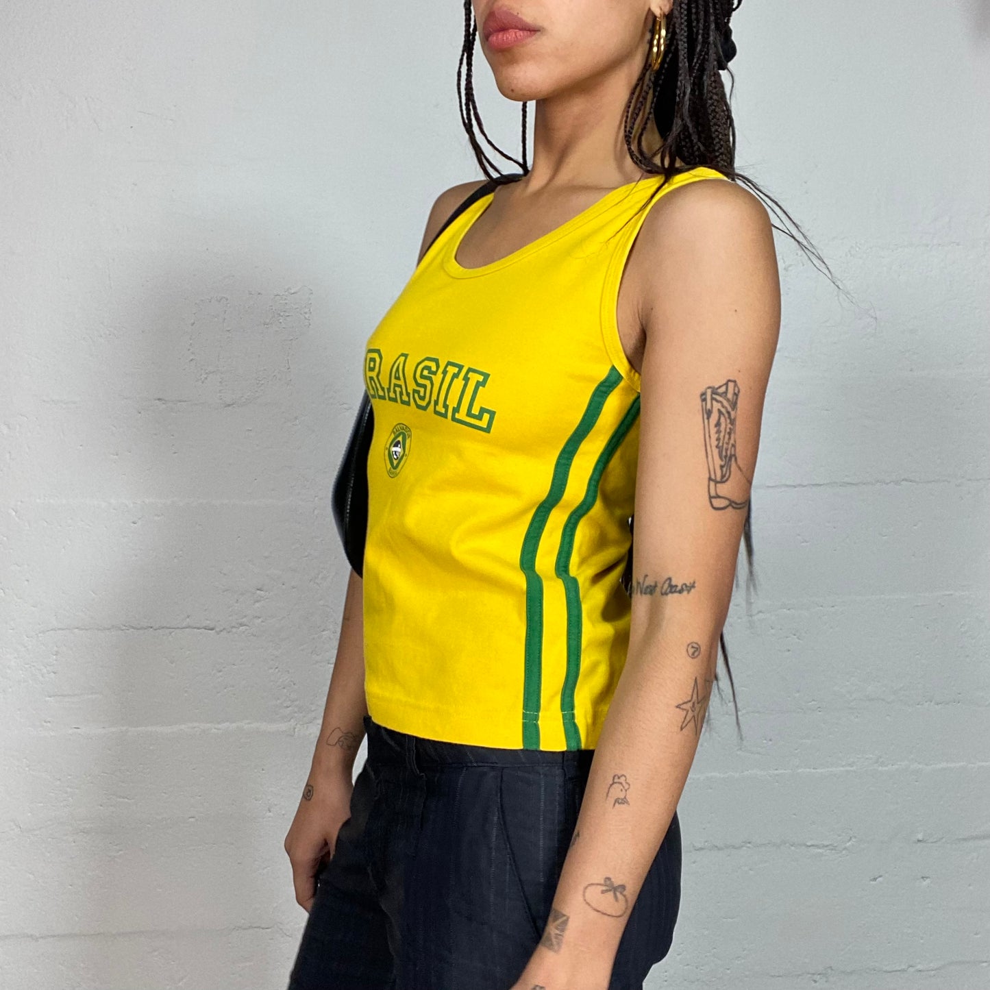 Vintage 2000's Sporty Yellow Top with Green Trim and "Brasil" Print (S/M)