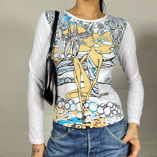 Vintage 2000's Groovy White Longsleeve Top with Blue Girl Print (M)