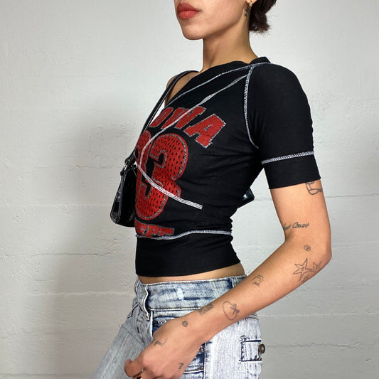 Vintage 90's Sporty Black One Shoulder Top with Red "83" Print (S/M)