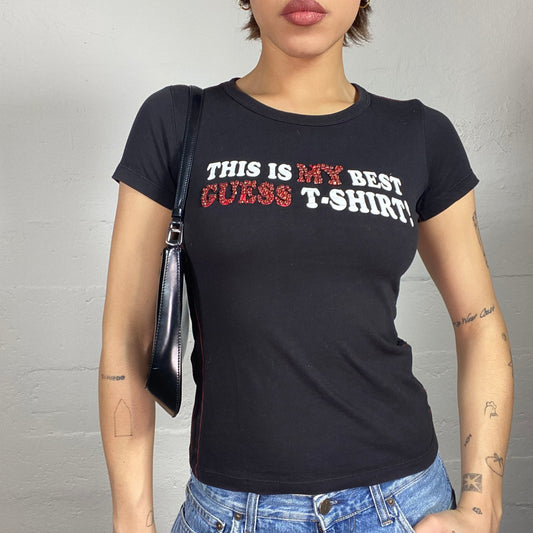 Vintage 2000's Guess Downtown Girl Black Top with White "This Is My Best Guess T-Shirt!" Strass Print (S)