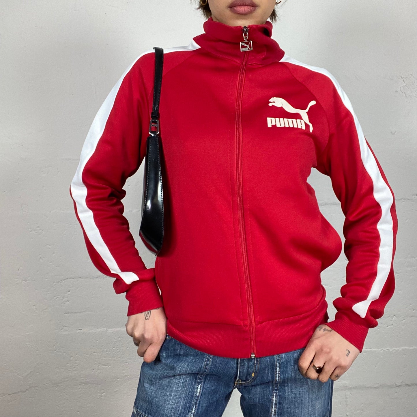 Vintage 2000's Puma Sporty Red Zip Up Oversized Sweater with White Brand Print (M)