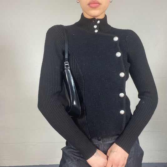 Vintage 90's The Nanny Black Button Up Knitted Sweater with Pearls Button Detail (M)