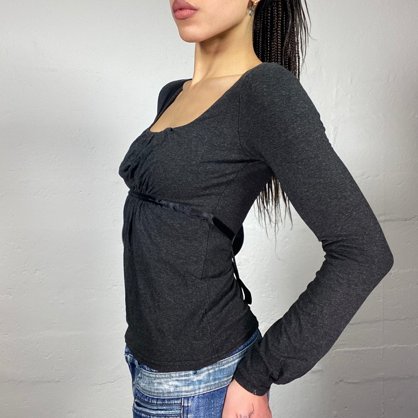 Vintage 2000's College Girl Grey Longsleeve Top with Satin Waistband Detail (S)
