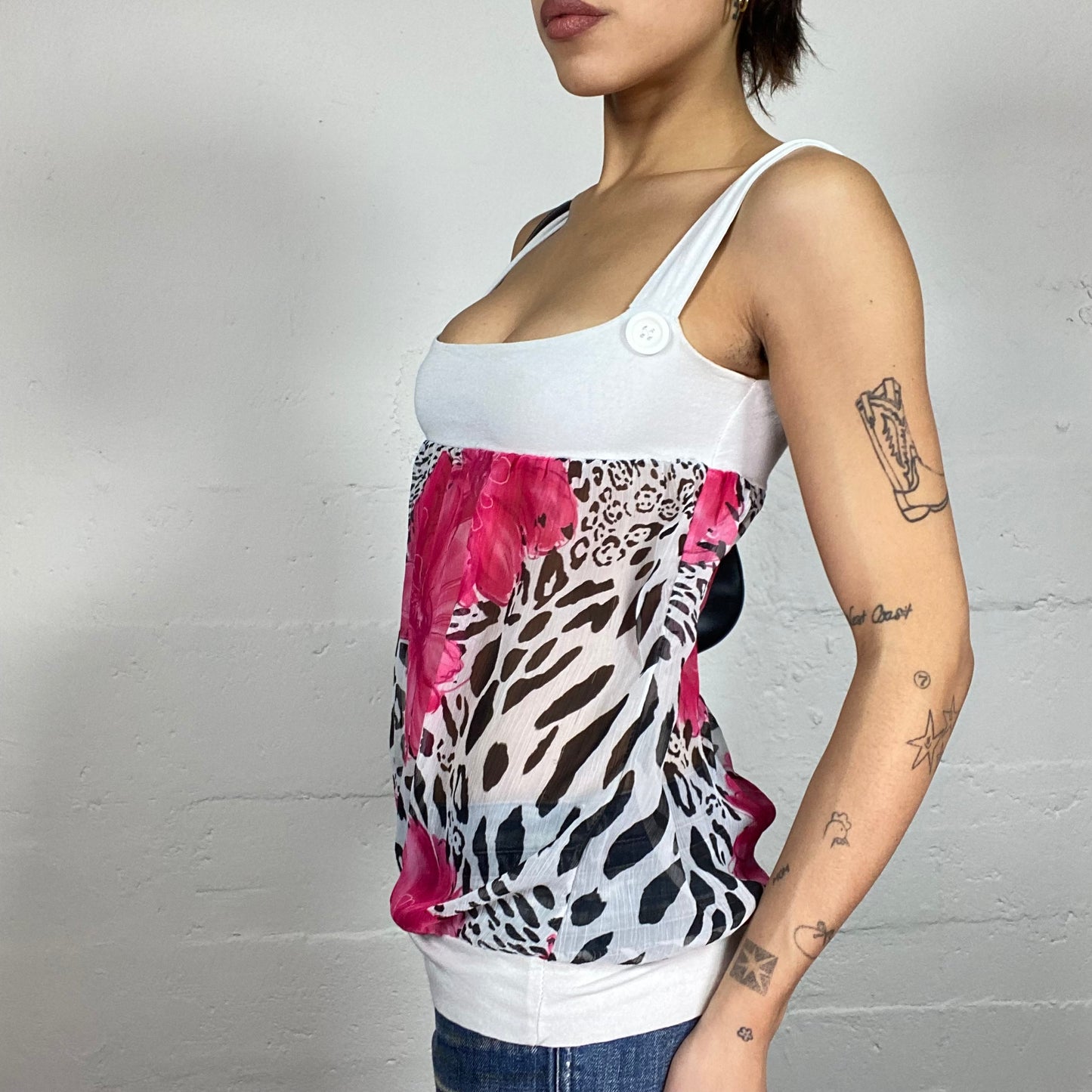 Vintage 2000's Soft Girl White Bubble Top with Mesh Maxi Pink Floral Print (S)