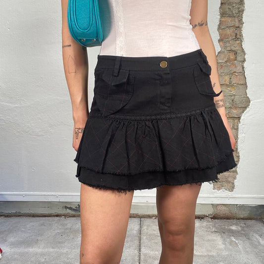 Vintage 90's Punky Black Mini Skirt with Faded Pink Plaid Print (S)