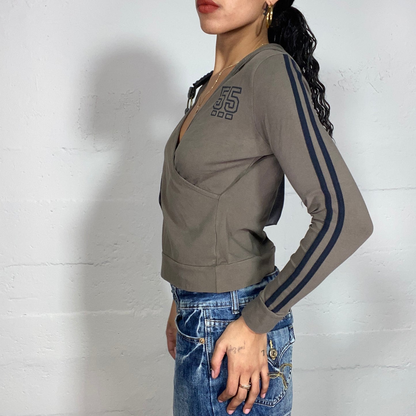Vintage 2000's Downtown Girl Khaki Hooded Sweat Top with "55" Print (S)