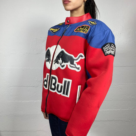 Vintage 2000's Red Bull Sporty Red Oversized Fabric Racers Jacket with Brand Sponsors Patches Detail (L)