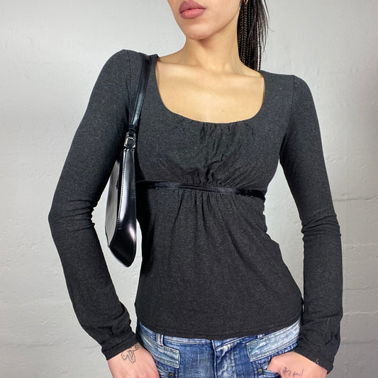 Vintage 2000's College Girl Grey Longsleeve Top with Satin Waistband Detail (S)