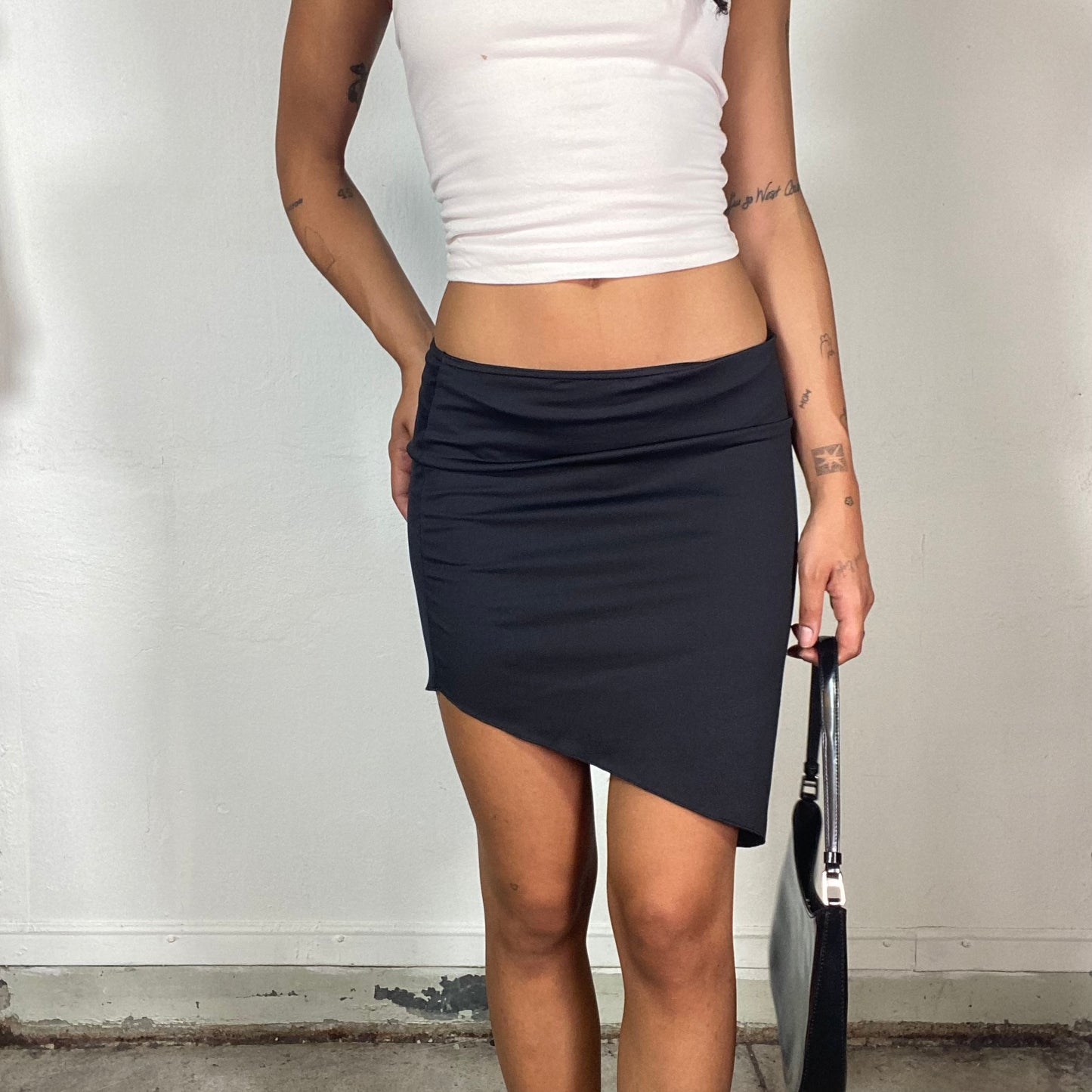 Vintage 2000's Clubwear Black Midi Skirt with Asymmetrical Cut (S/M)