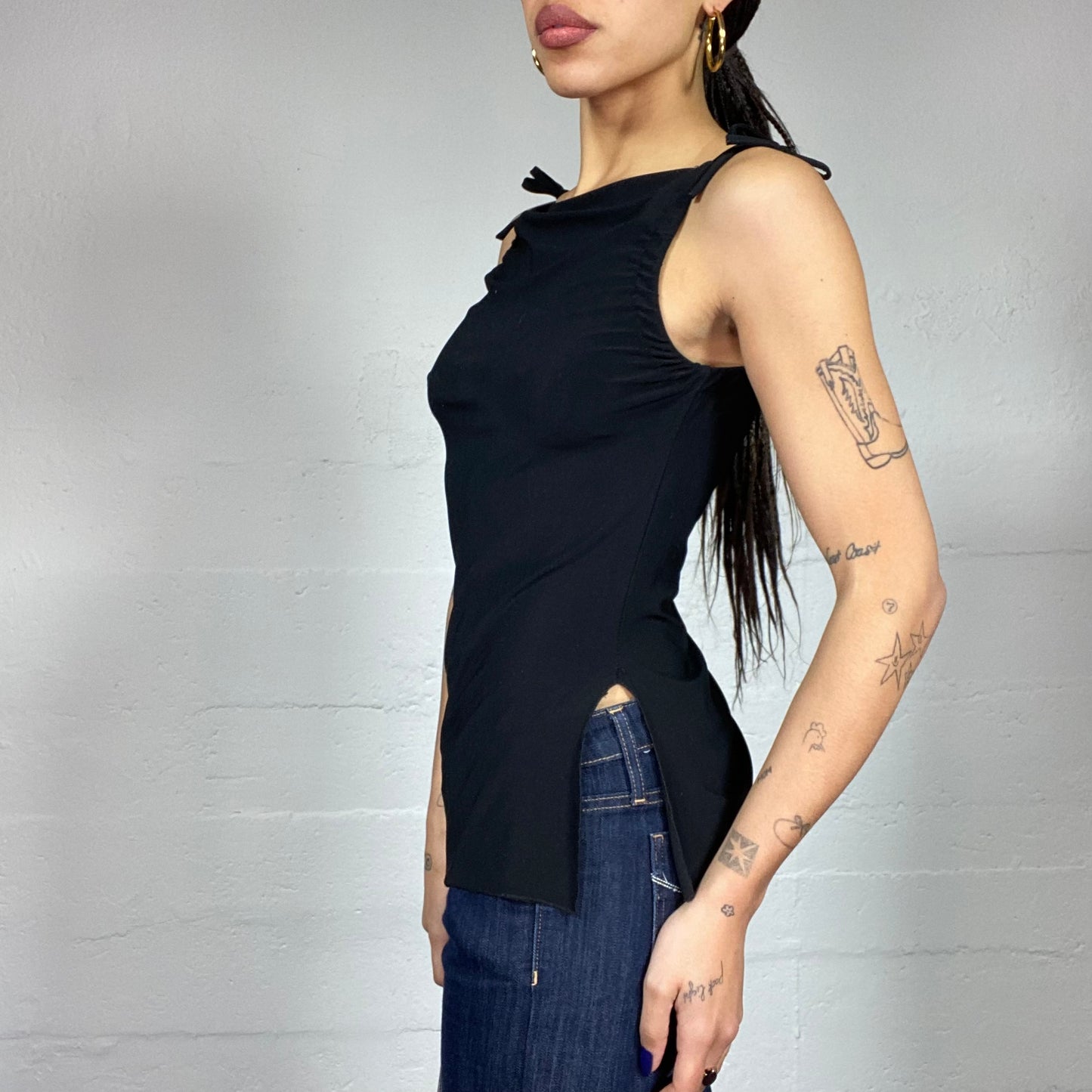 Vintage 2000's Model Off Duty Black Top with Asymmetric Cut (S)