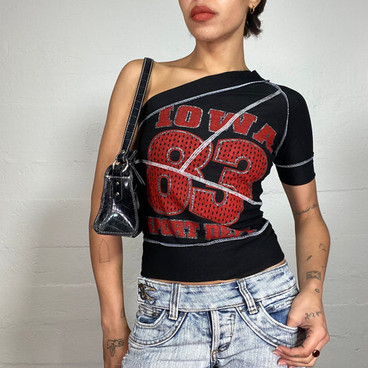 Vintage 90's Sporty Black One Shoulder Top with Red "83" Print (S/M)