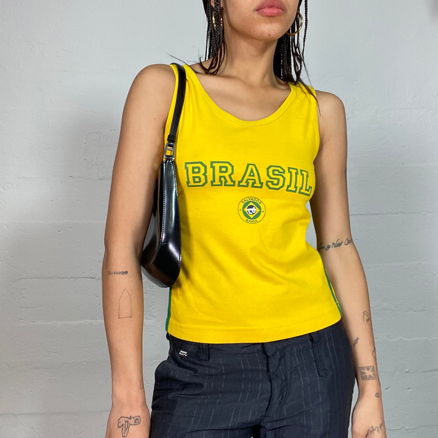 Vintage 2000's Sporty Yellow Top with Green Trim and "Brasil" Print (S/M)