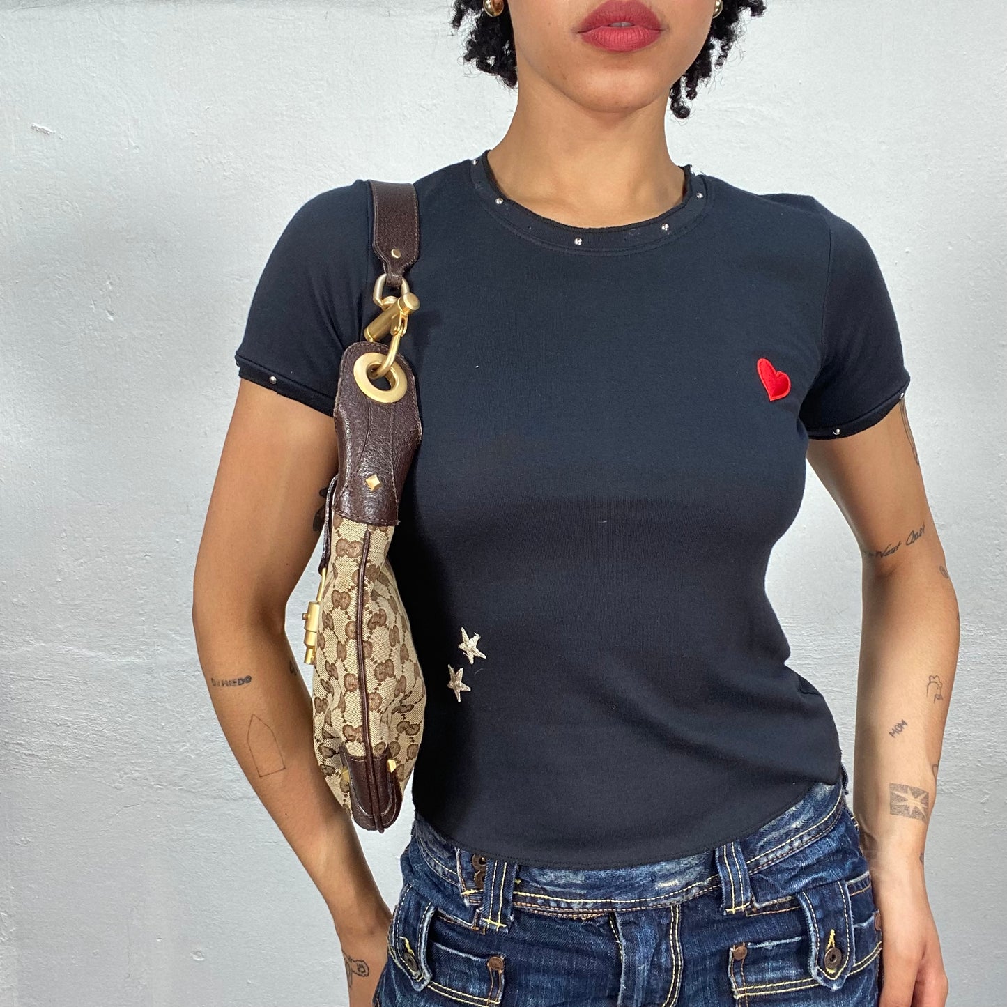 Vintage 2000's Downtown Girl Black Baby Tee with Red Heart Embroidery (S)