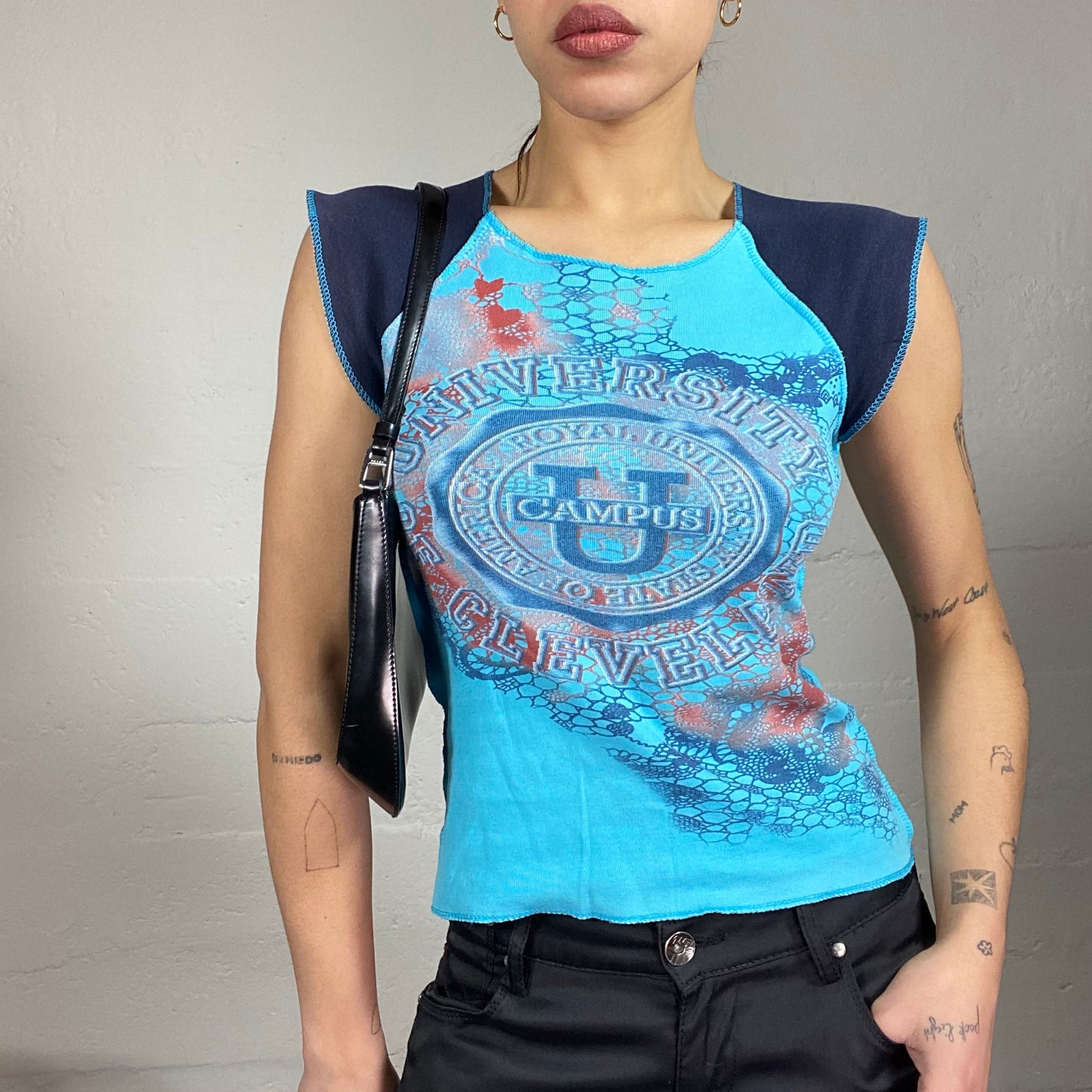 Vintage 2000's College Girl Blue Top with "University Campus" Print (S/M)