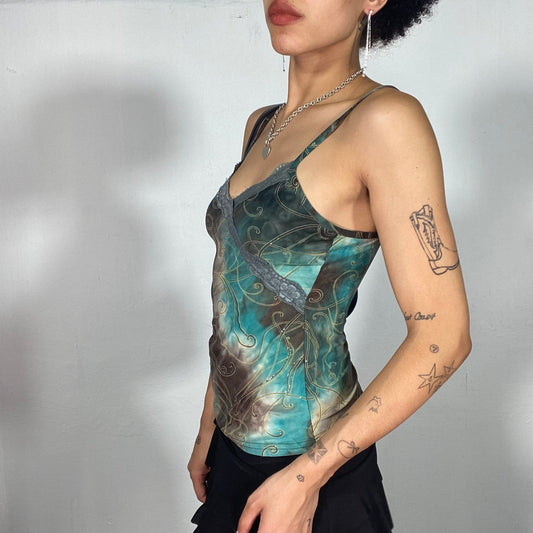 Vintage 2000's Indie Turquoise and Brown Batik Cami Top with Lace Trim (S)