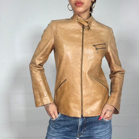 Vintage 2000's Downtown Girl Camel Short Leather Biker Jacket (S/M)