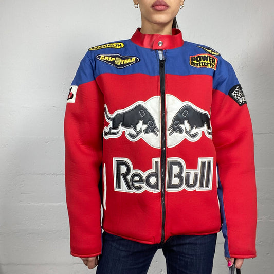 Vintage 2000's Red Bull Sporty Red Oversized Fabric Racers Jacket with Brand Sponsors Patches Detail (L)