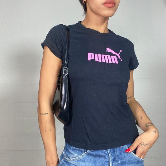 Vintage 2000's Puma Sporty Black Top with Neon Pink Brand Print (S)