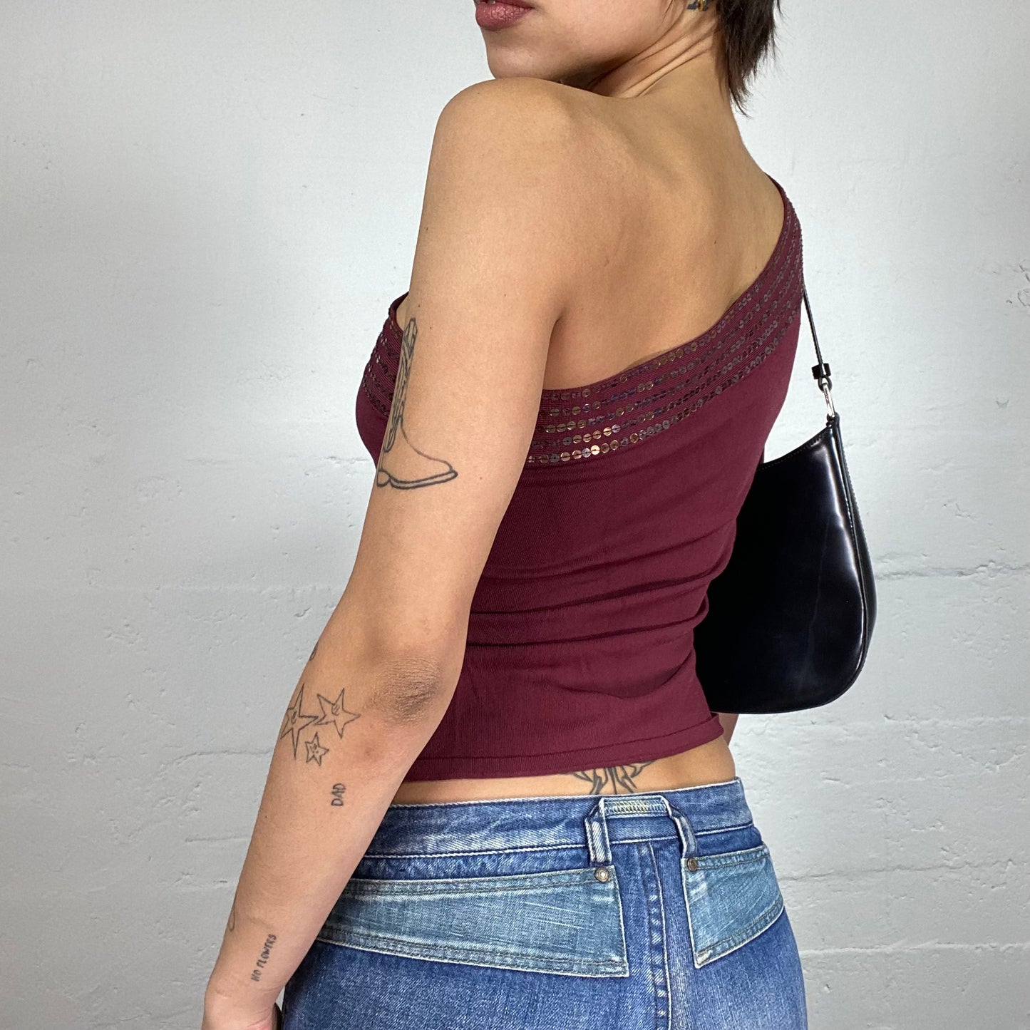 Vintage 2000's Indie Garnet One Shoulder Top with Sequins Trim Detail (S/M)