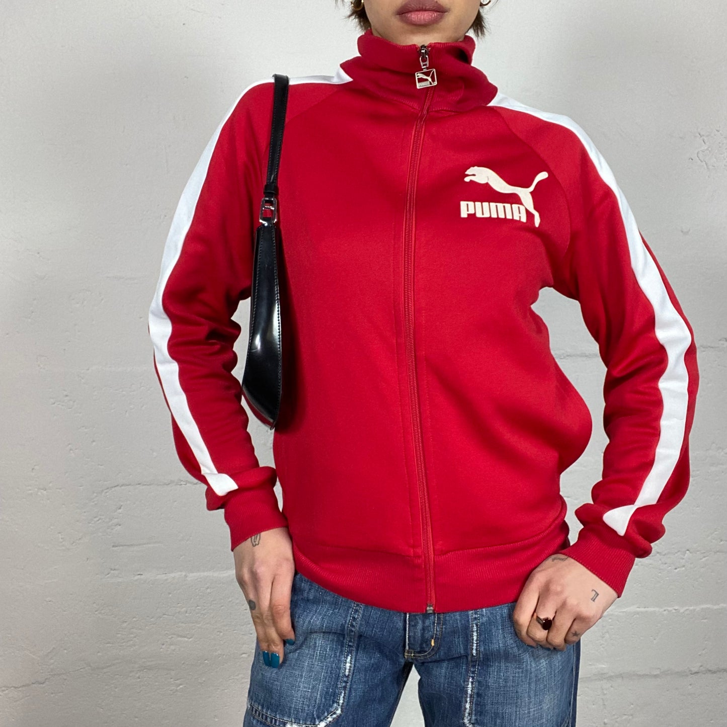 Vintage 2000's Puma Sporty Red Zip Up Oversized Sweater with White Brand Print (M)