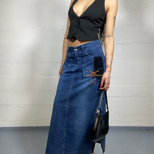 Vintage 2000's Downtown Girl Denim Maxi Skirt with Brown Lace Up Detail (M)