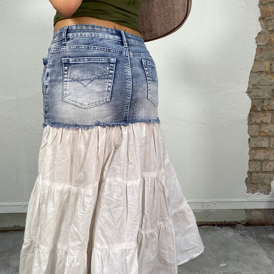 Vintage 90's Downtown Girl Denim and White A-Line Midi Skirt (S/M)