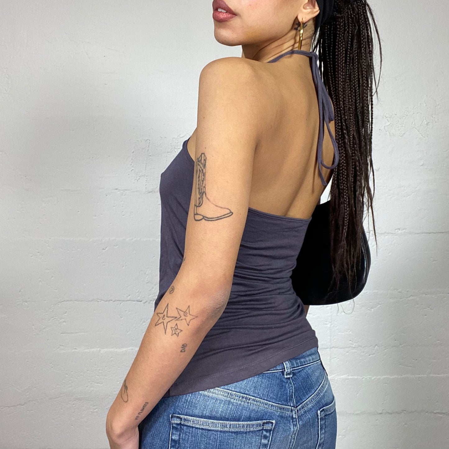 Vintage 2000's Clubwear Grey Neckholder Top with Diamond Shape & Rhinestones Detail (S)
