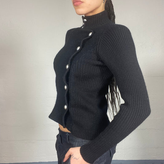 Vintage 90's The Nanny Black Button Up Knitted Sweater with Pearls Button Detail (M)