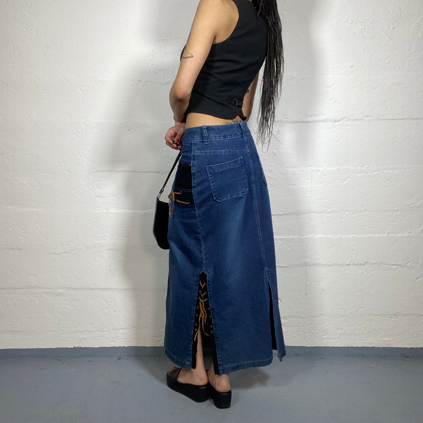 Vintage 2000's Downtown Girl Denim Maxi Skirt with Brown Lace Up Detail (M)