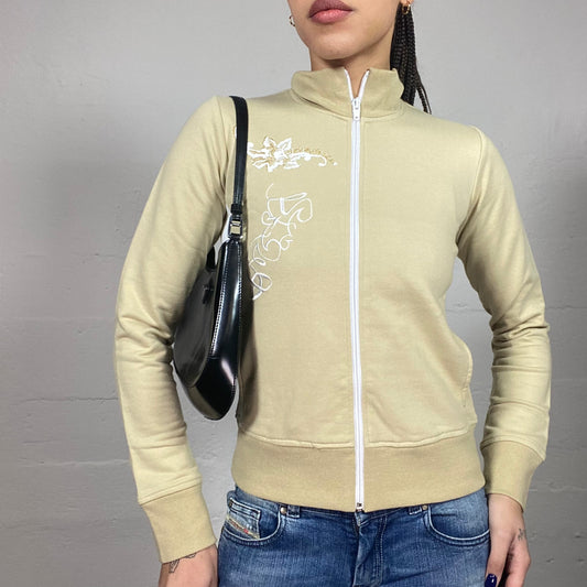 Vintage 2000's College Girl Beige Zip-Up Hoodie with White Floral Skull Print (S)