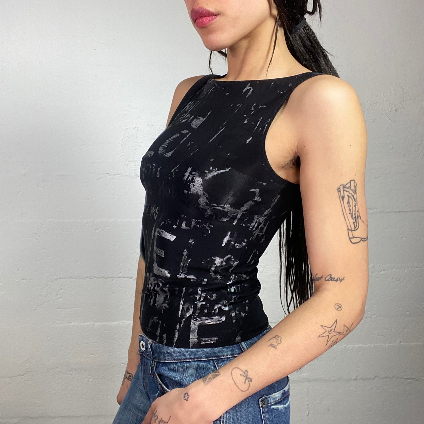 Vintage 2000's Sleaze Black Top with Grey "Love" Printed Text Covering (S)