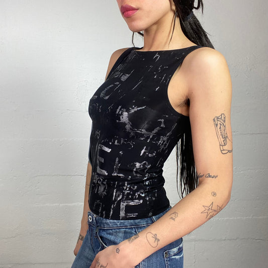 Vintage 2000's Sleaze Black Top with Grey "Love" Printed Text Covering (S)