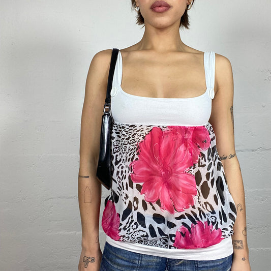 Vintage 2000's Soft Girl White Bubble Top with Mesh Maxi Pink Floral Print (S)