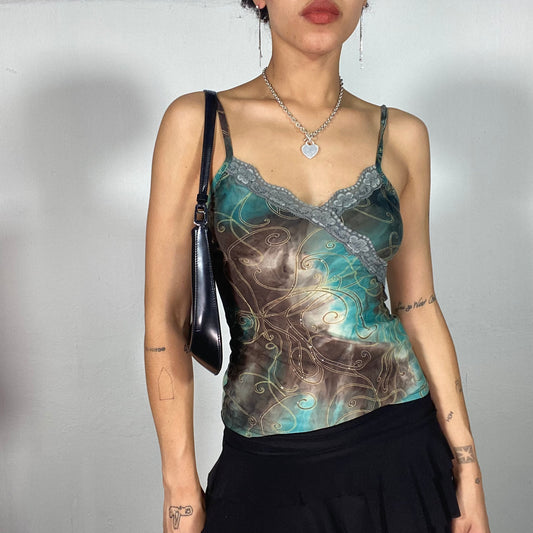 Vintage 2000's Indie Turquoise and Brown Batik Cami Top with Lace Trim (S)