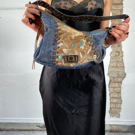 Vintage 2000's Guess Denim Shoulder Bag with Floral Print Detail and Flowers in the Strap