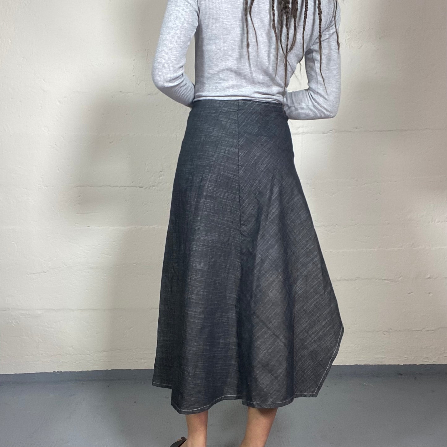 Vintage 2000's Hippie Girl Grey Denim Maxi Skirt with Drapped Slit Detail (S)