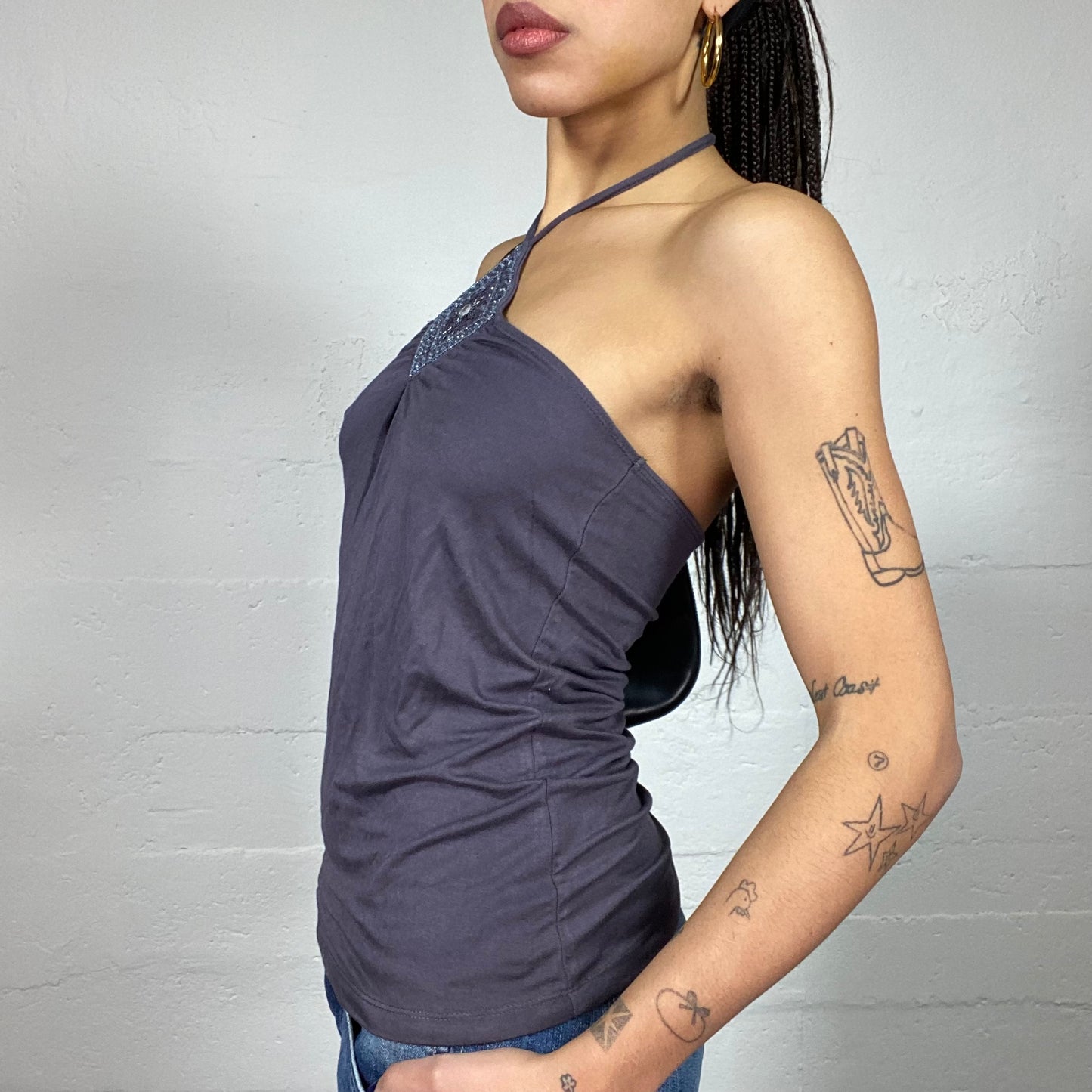 Vintage 2000's Clubwear Grey Neckholder Top with Diamond Shape & Rhinestones Detail (S)