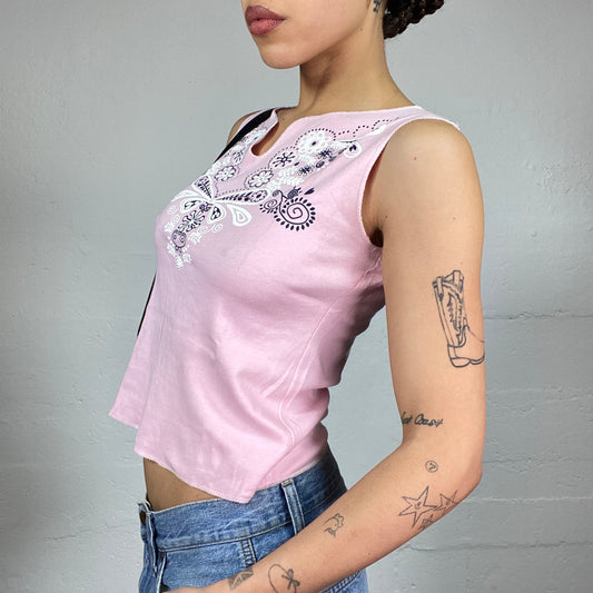 Vintage 90's Downtown Girl Pink Top with Mandala Floral Neckline Print Detail (S)